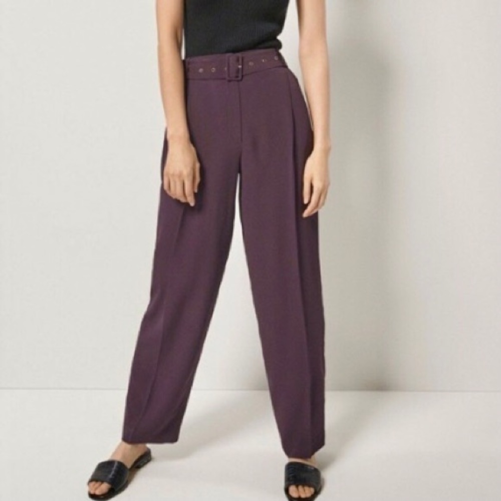 Massimo Dutti high-waist belted purple trousers